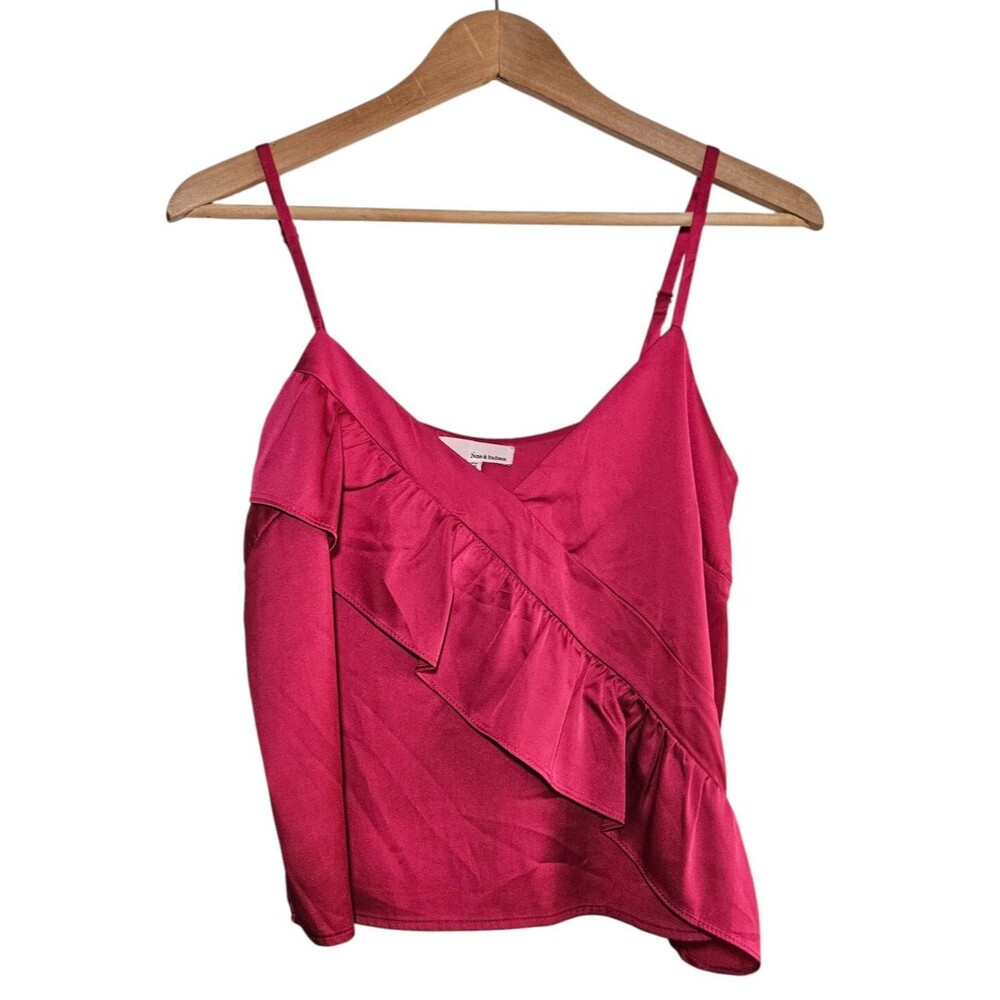 June & Hudson Women's size XS Hot Pink Ruffle V-Neck Babydoll Cropped Tank Y2K